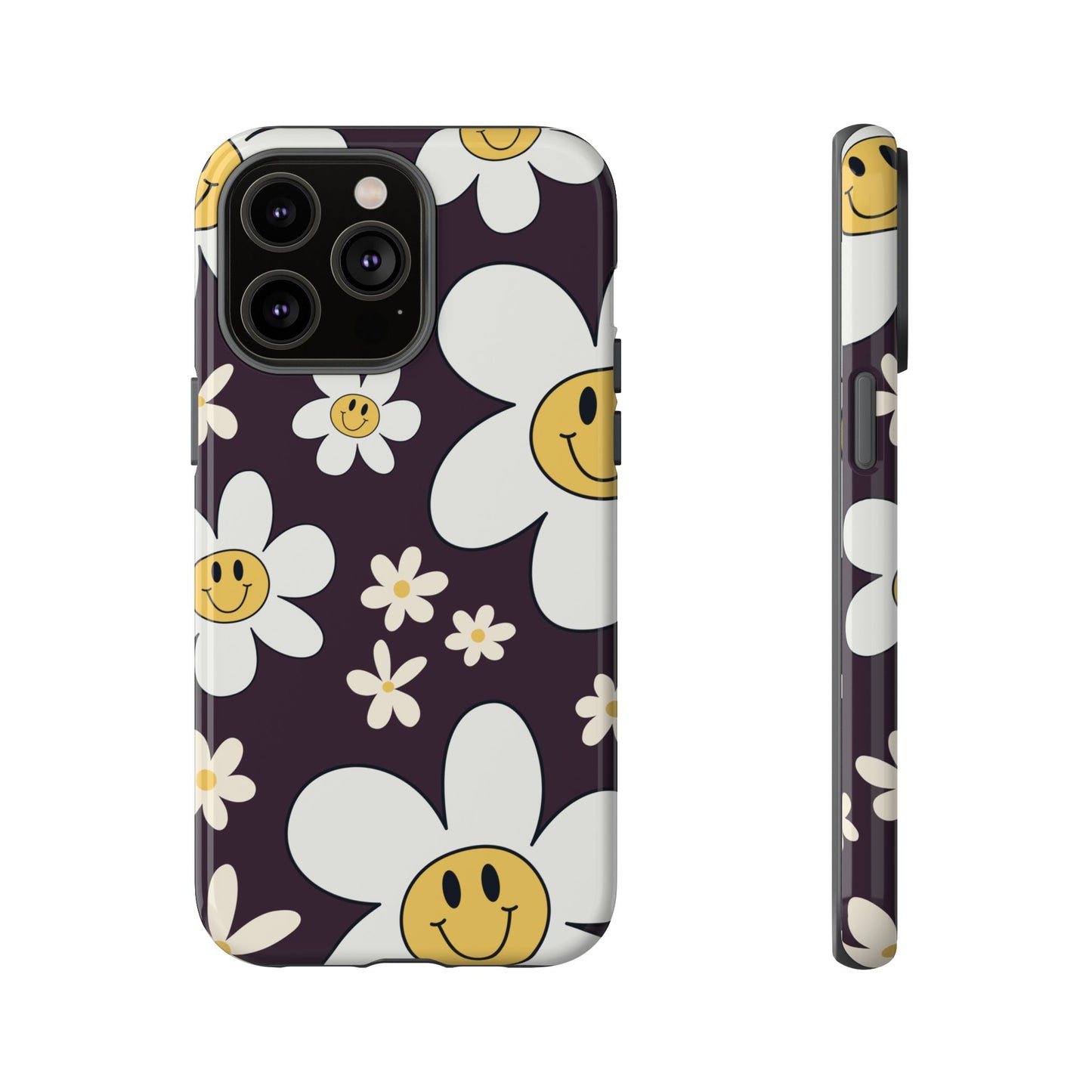 iPhone 14 Pro Max / Glossy Phone Case - Fun Retro Daisy Pattern with Purple Background Phone Case
