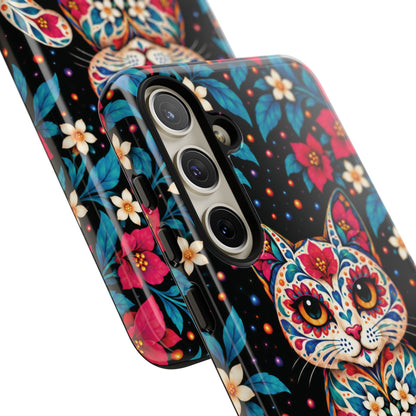 Vibrant Pink and Turquoise Calavera Cat Phone Case - Multicolor Phone Case
