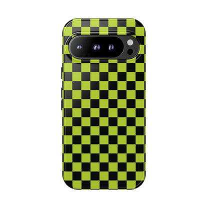 Trendy Neon Lime Green & Black Small Checked Pattern Phone Case - Green Phone Case - Google Pixel 9 Pro / Glossy