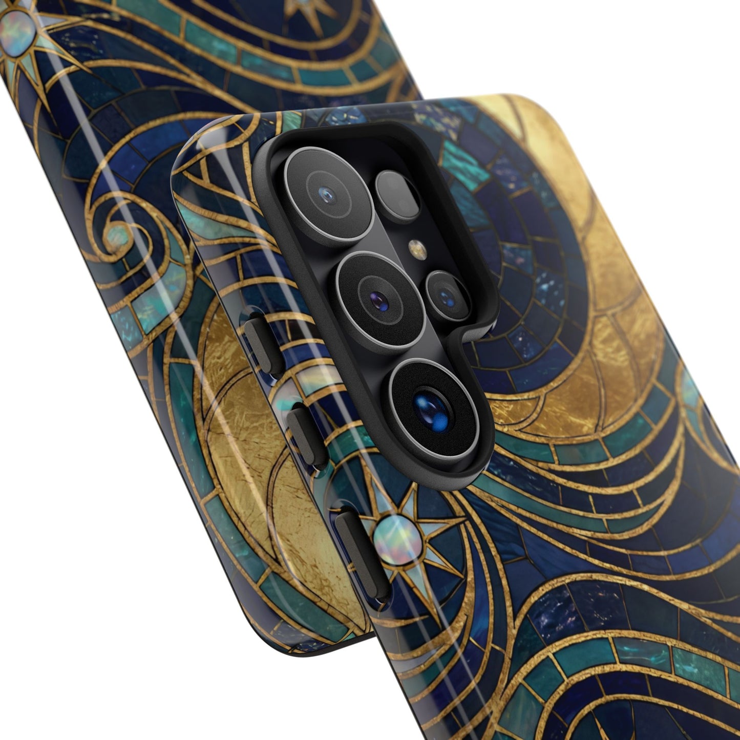 Elegant Navy & Gold Crescent Moon Mosaic Phone Case