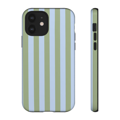 iPhone 12 / Glossy Phone Case - Trendy Ice Blue & Green Stripe Pattern Phone Case