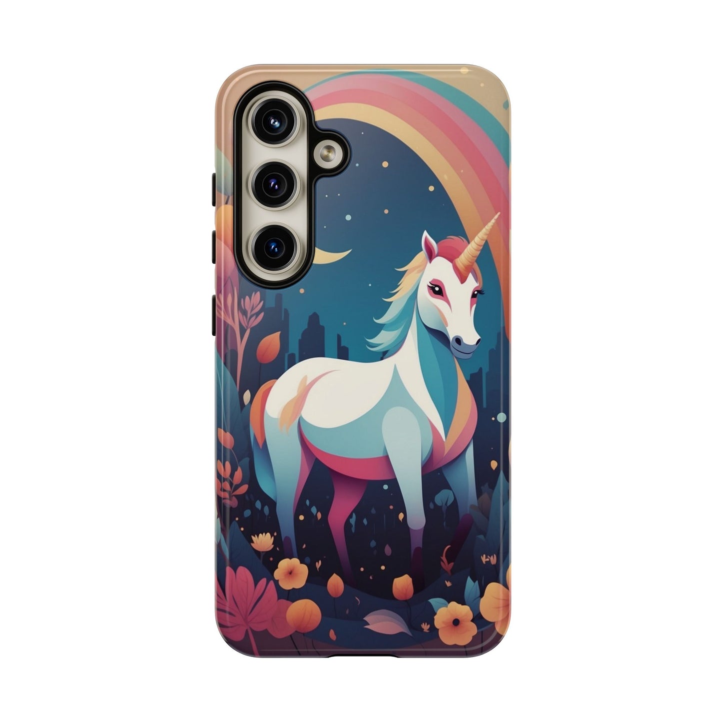 Samsung Galaxy S24 / Glossy Phone Case - Stylised Unicorn & Rainbow Design Phone Case