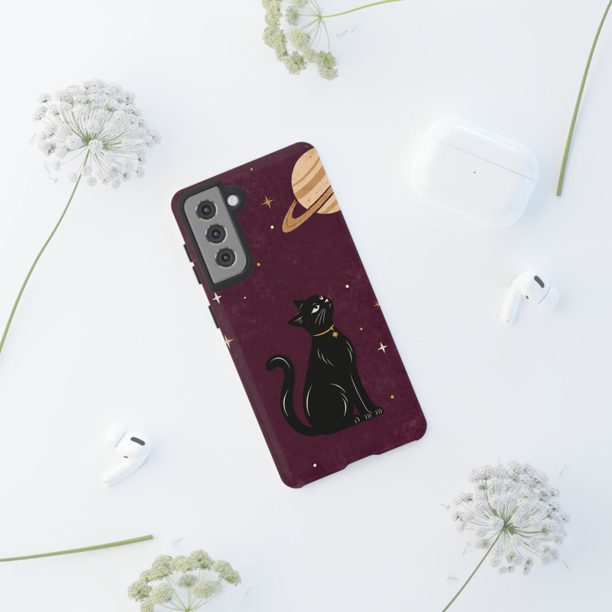 Whimsical Plum Celestial Black Cat Phone Case