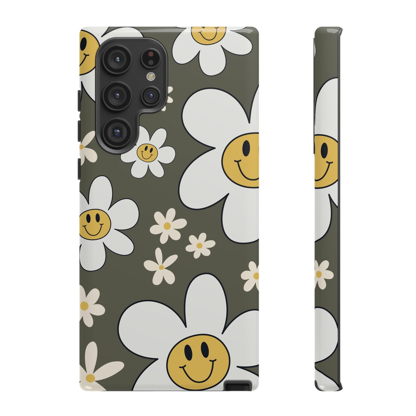 Samsung Galaxy S22 Ultra / Glossy Phone Case - Fun Retro Daisy Pattern with Olive Green Background Phone Case