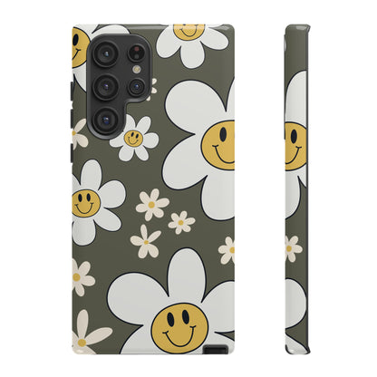 Samsung Galaxy S22 Ultra / Glossy Phone Case - Fun Retro Daisy Pattern with Olive Green Background Phone Case