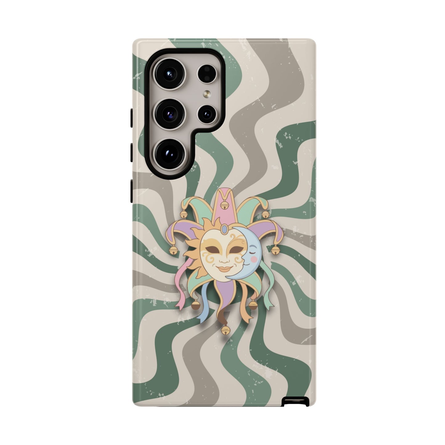 Samsung Galaxy S24 Ultra / Glossy Phone Case - Sun & Moon Jester Mask – Green Retro Wave Phone Case
