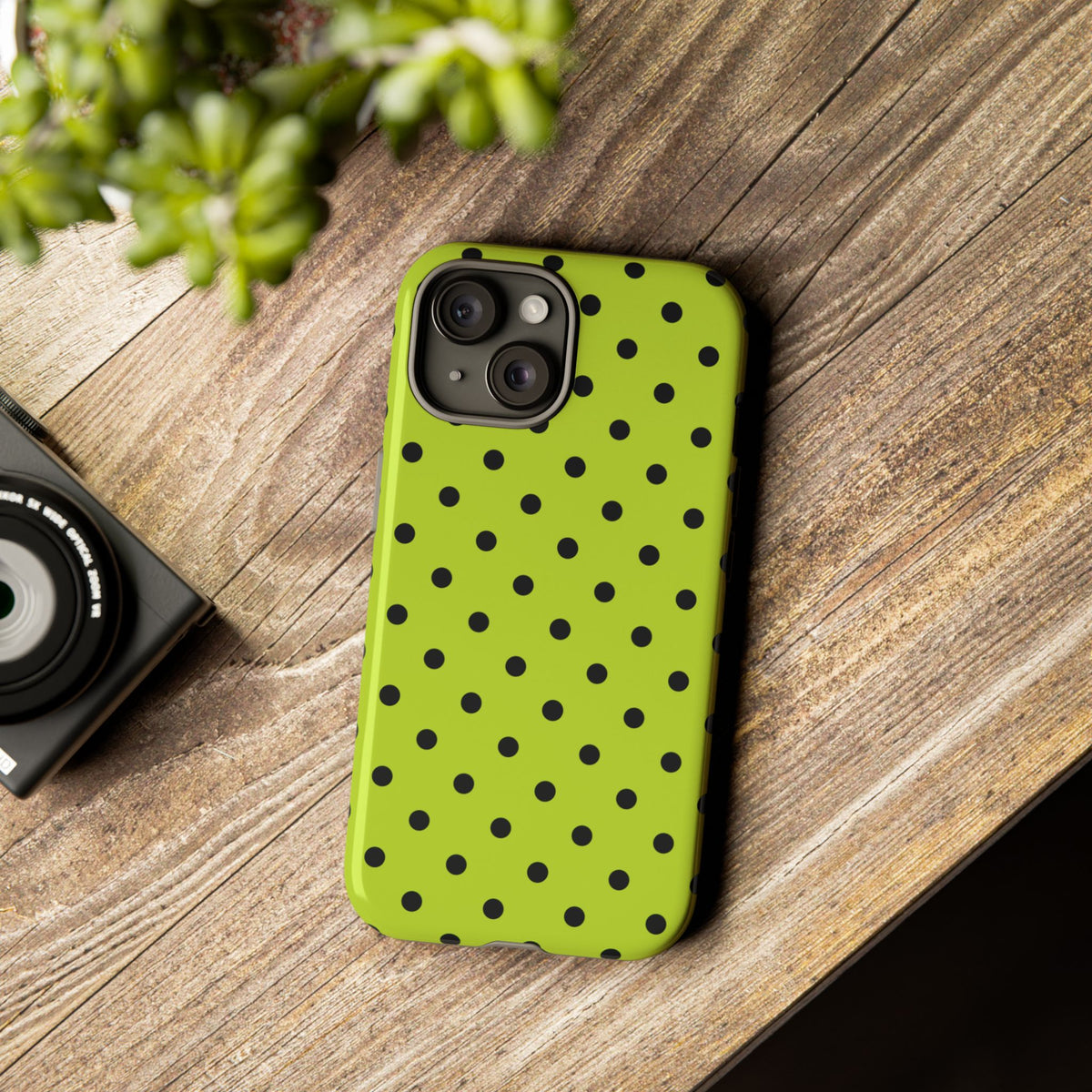Trendy Neon Lime Green & Black Dot Pattern Phone Case - Green Phone Case