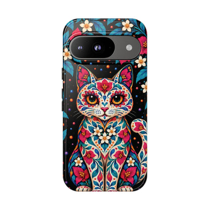 Vibrant Pink and Turquoise Calavera Cat Phone Case - Multicolor Phone Case - Google Pixel 9 / Glossy