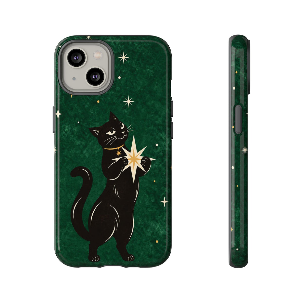 Forest Green Celestial Black Cat Phone Case - Green Phone Case - iPhone 14 / Glossy