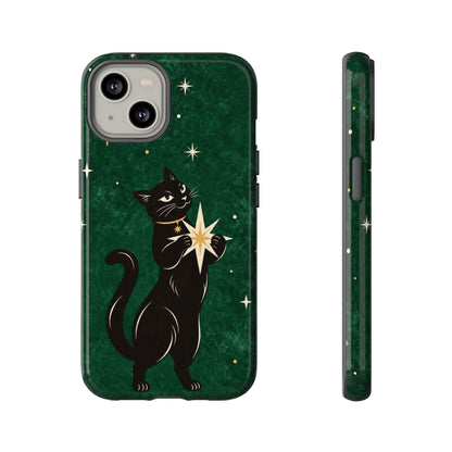 Forest Green Celestial Black Cat Phone Case - Green Phone Case - iPhone 14 / Glossy