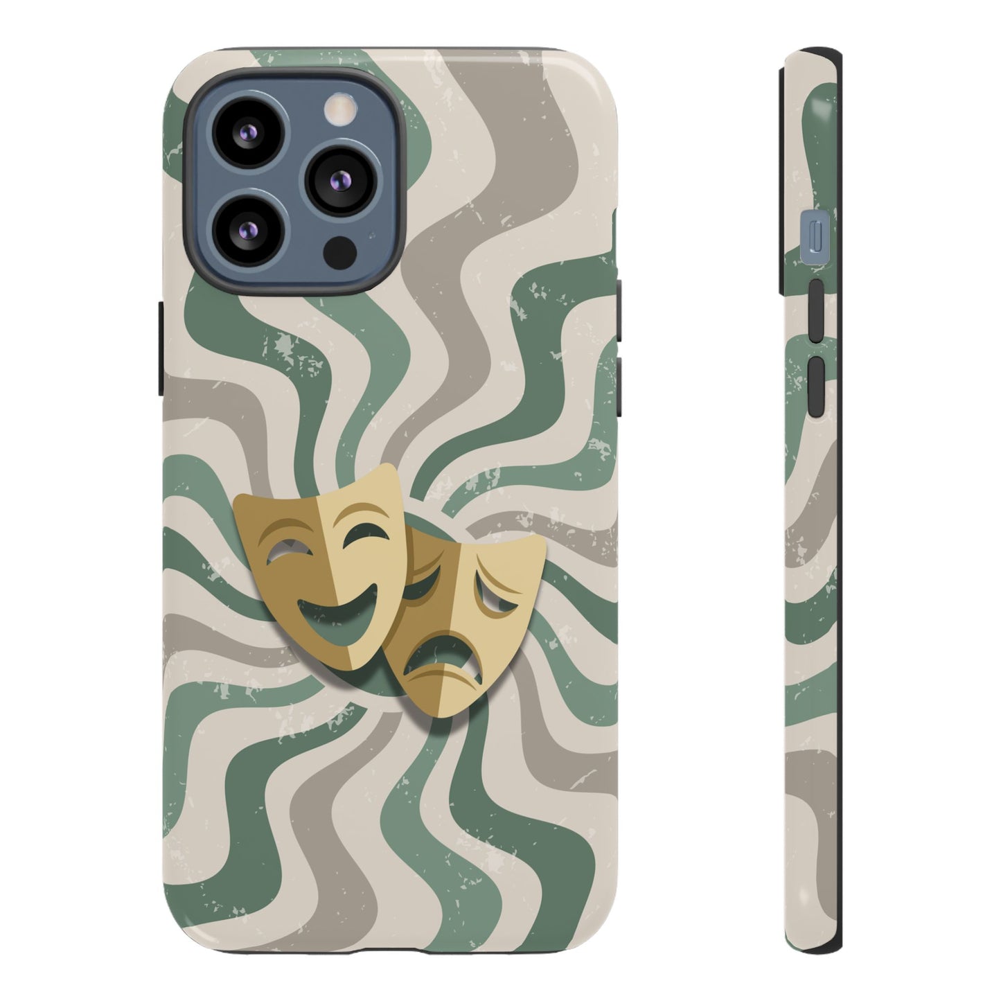 iPhone 13 Pro Max / Glossy Phone Case - Comedy & Tragedy Masks – Green Minimal Retro Wave Phone Case