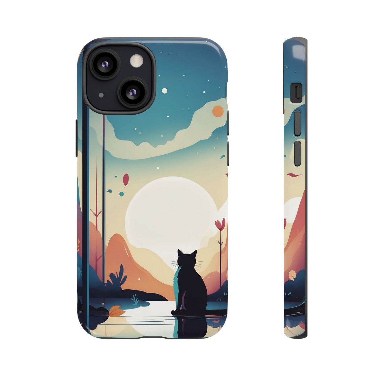 Stylised Cat & Moon Design Phone Case - Multicolor Phone Case - iPhone 13 Mini / Glossy