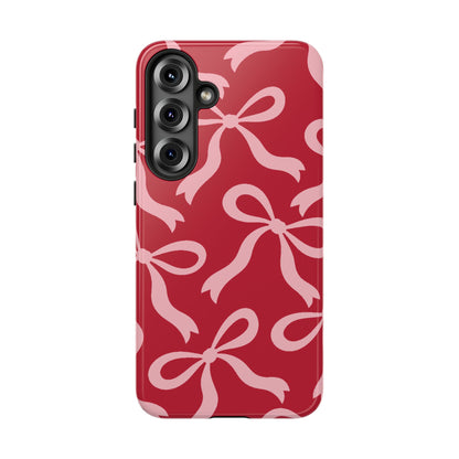 Bold Raspberry Red and Blush Pink Bow Pattern Phone Case - Red Phone Case - Samsung Galaxy S25 Plus / Glossy