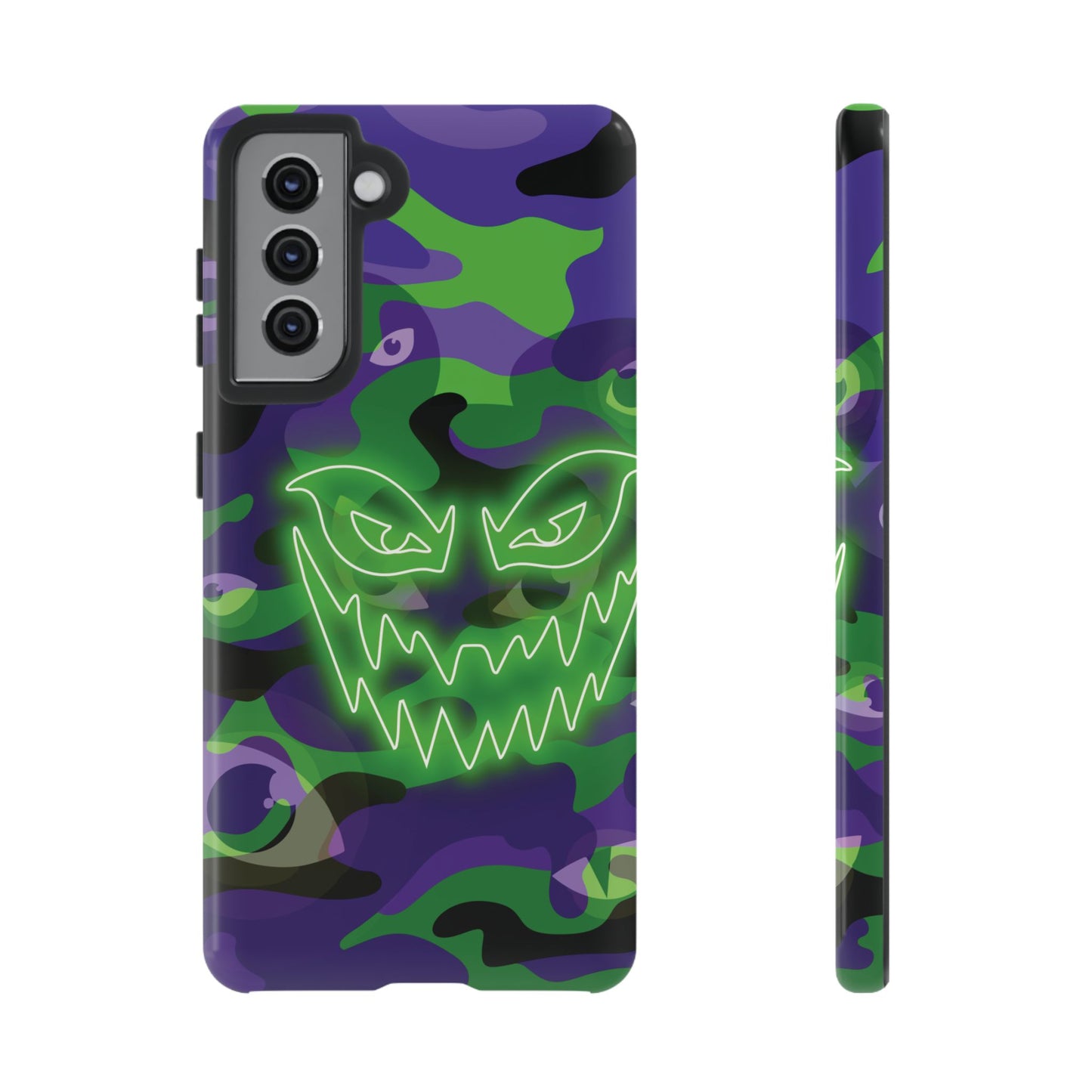 Samsung Galaxy S21 / Glossy Phone Case - Green & Purple Neon Face Camo Phone Case