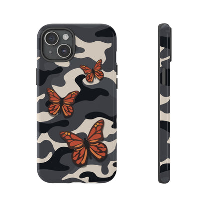 iPhone 15 Plus / Glossy Phone Case - Black & Orange Butterfly Camo Phone Case