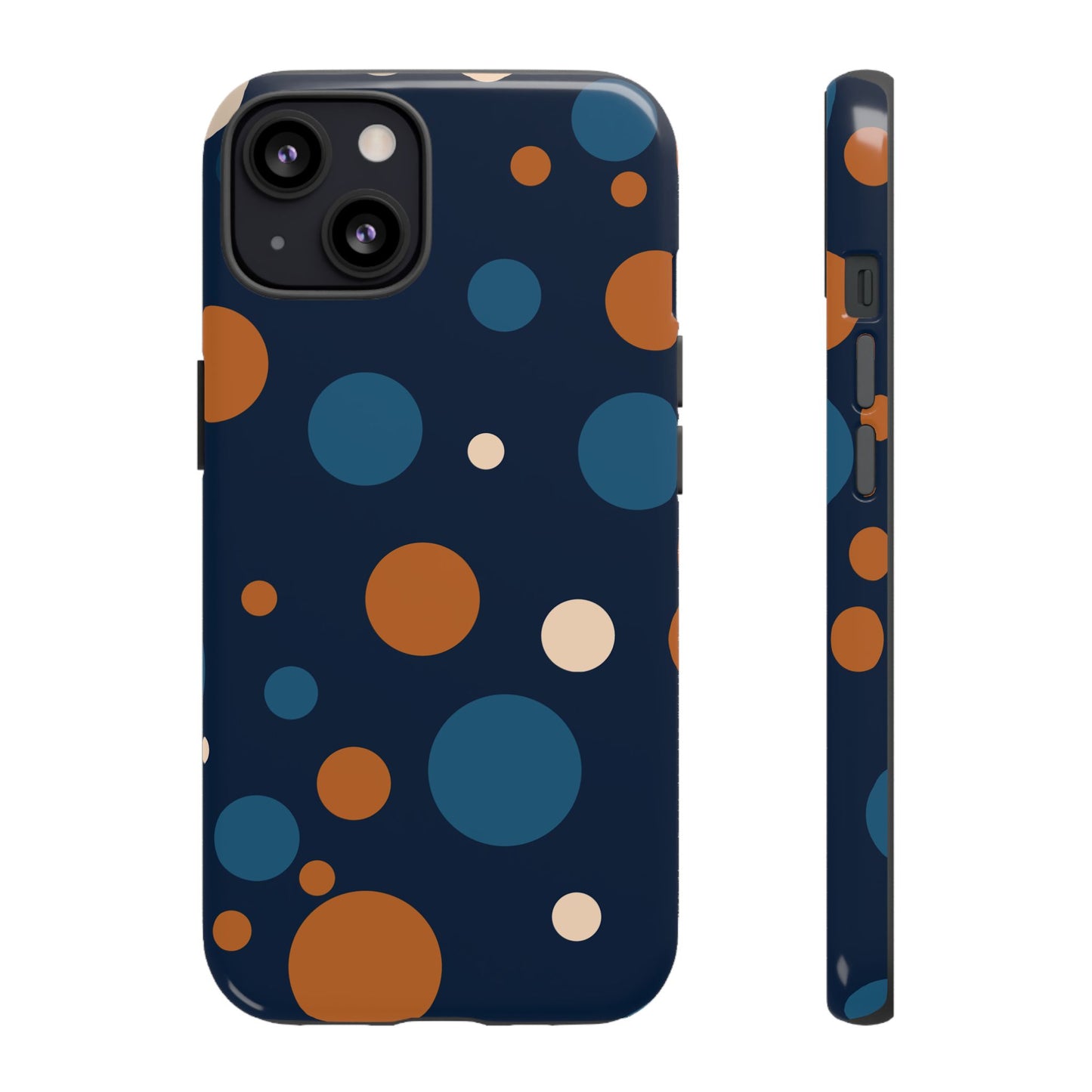 iPhone 13 / Glossy Phone Case - ’Bold Navy Blue & Orange / White Dot Pattern’ Phone Case