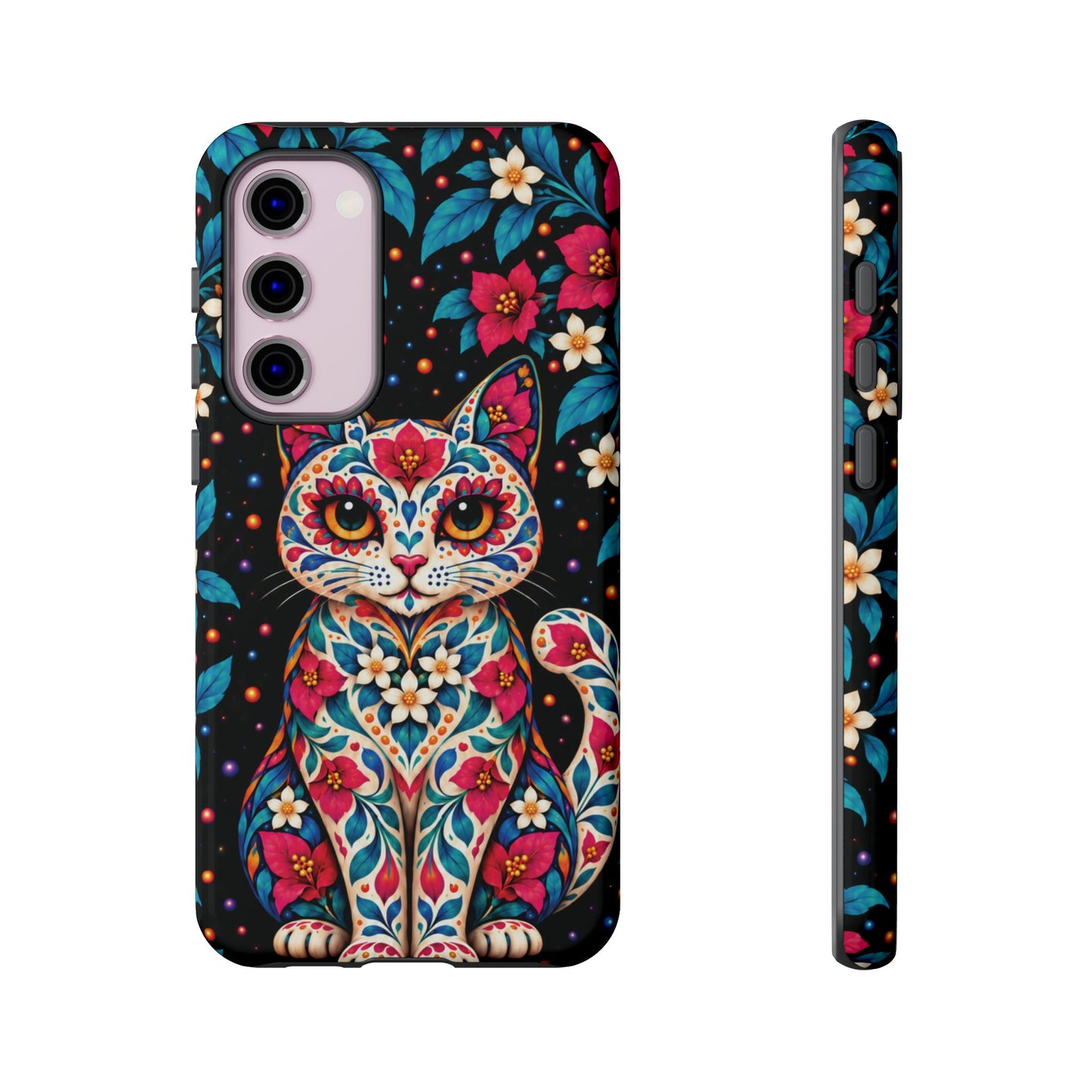Vibrant Pink and Turquoise Calavera Cat Phone Case - Multicolor Phone Case - Samsung Galaxy S23 Plus / Glossy