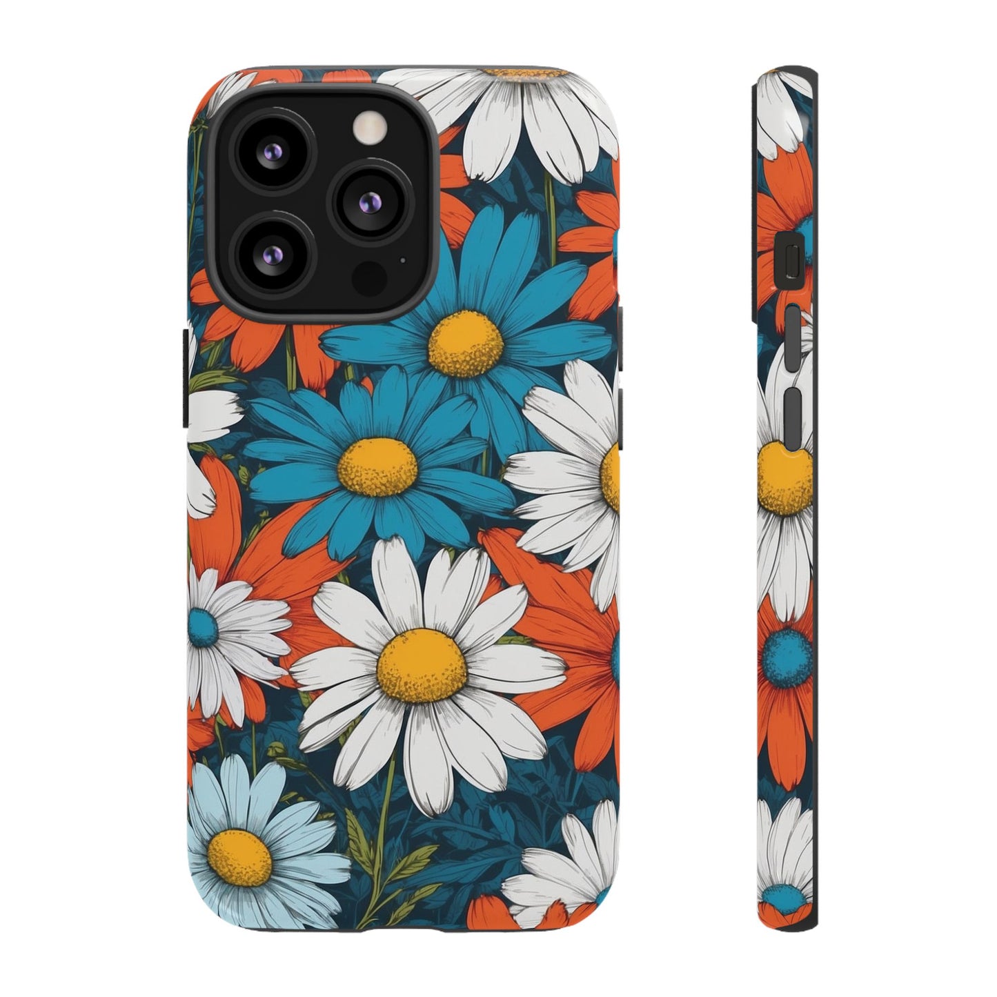 iPhone 13 Pro / Glossy Phone Case - Pop Art Daisies Illustration ’Red & Blue’ Phone Case