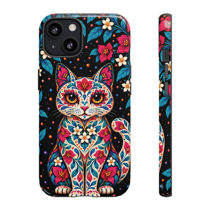 Vibrant Pink and Turquoise Calavera Cat Phone Case - Multicolor Phone Case - iPhone 13 / Glossy