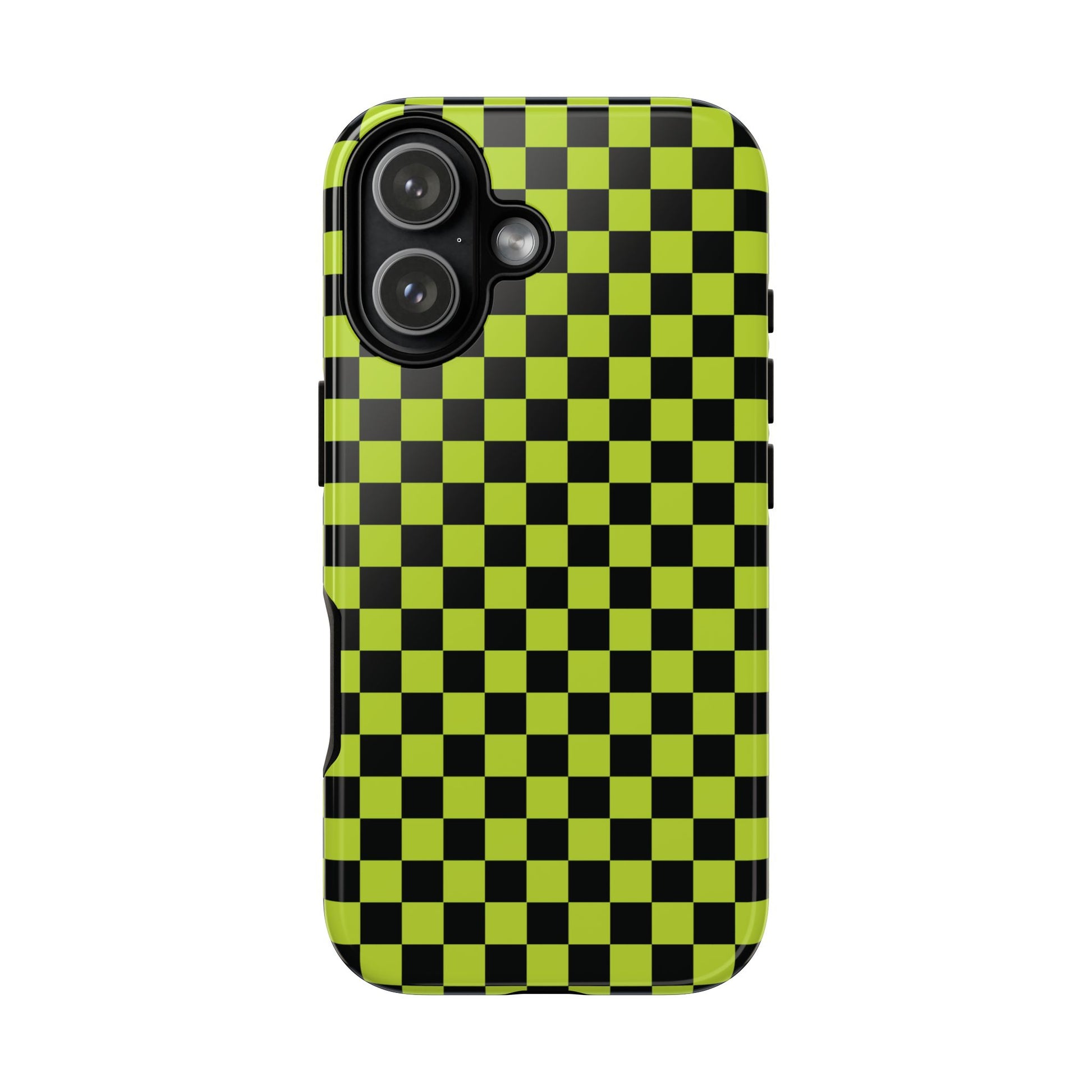 iPhone 17 / Glossy Phone Case - Trendy Neon Lime Green & Plum Small Checked Pattern Phone Case