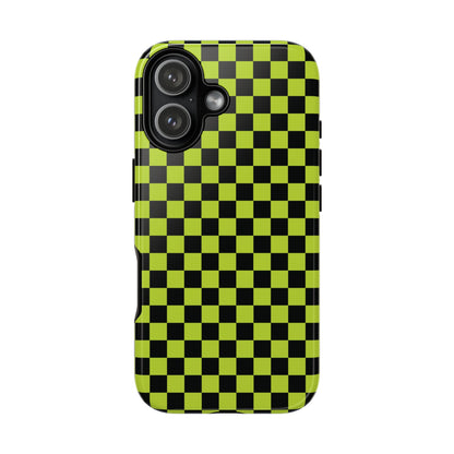 iPhone 17 / Glossy Phone Case - Trendy Neon Lime Green & Plum Small Checked Pattern Phone Case