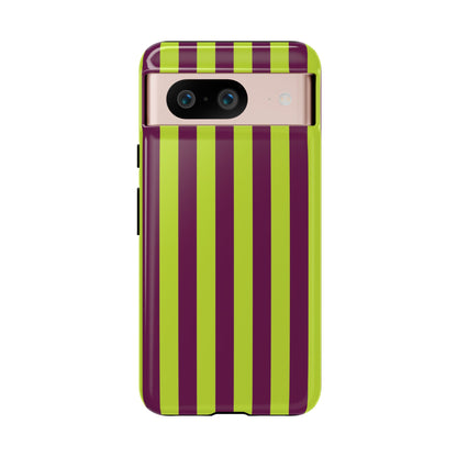 Google Pixel 8 / Glossy Phone Case - Trendy Neon Lime Green & Plum Stripe Pattern Phone Case