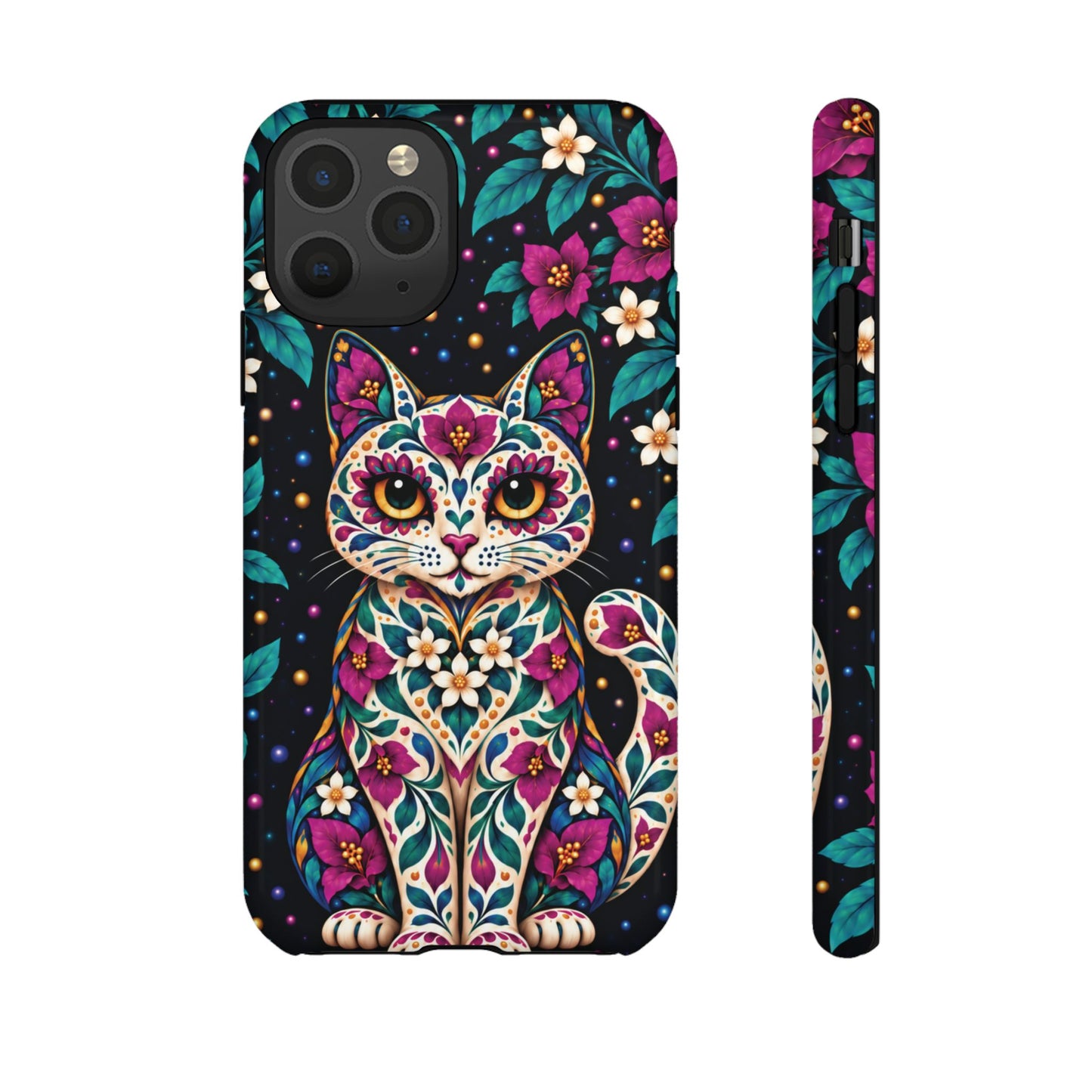 Vibrant Purple and Teal Calavera Cat Phone Case - Multicolor Phone Case - iPhone 11 Pro / Glossy
