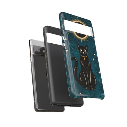 Whimsical Teal Celestial Black Cat Phone Case