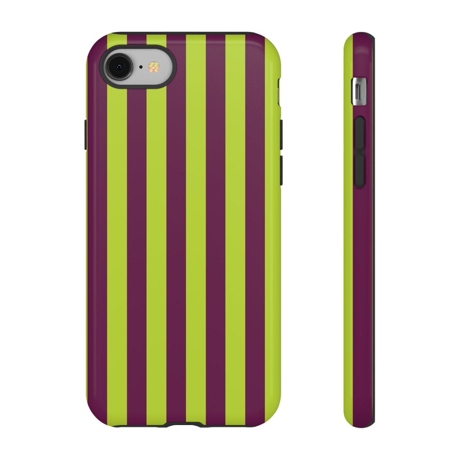 iPhone 8 / Glossy Phone Case - Trendy Neon Lime Green & Plum Stripe Pattern Phone Case