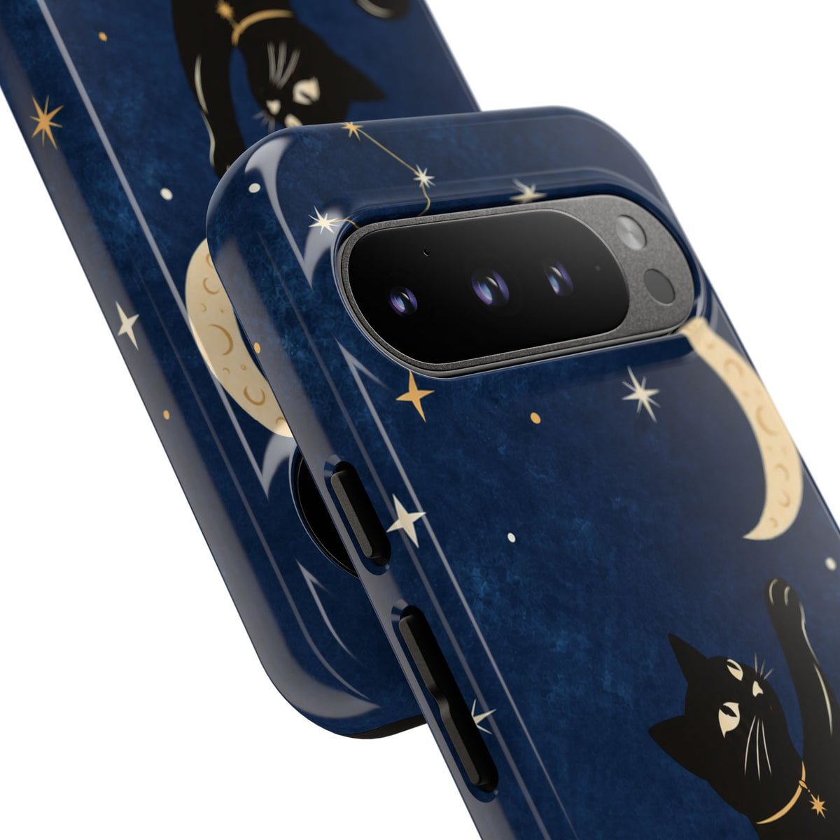 Whimsical Navy Blue Celestial Black Cat Phone Case