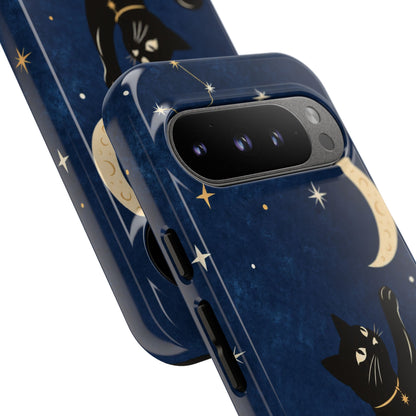 Whimsical Navy Blue Celestial Black Cat Phone Case