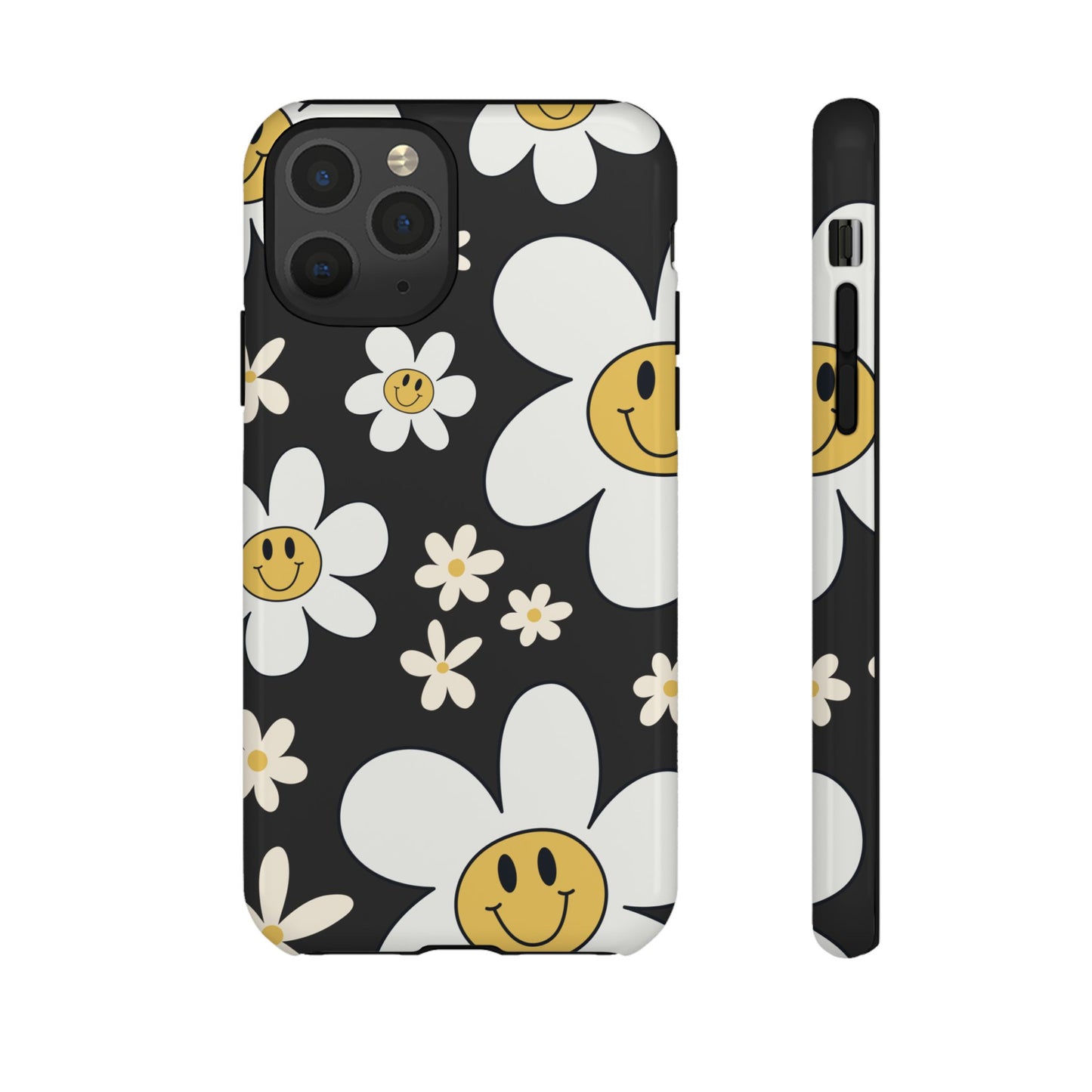 iPhone 11 Pro / Glossy Phone Case - Fun Retro Daisy Pattern with Dark Grey Background Phone Case