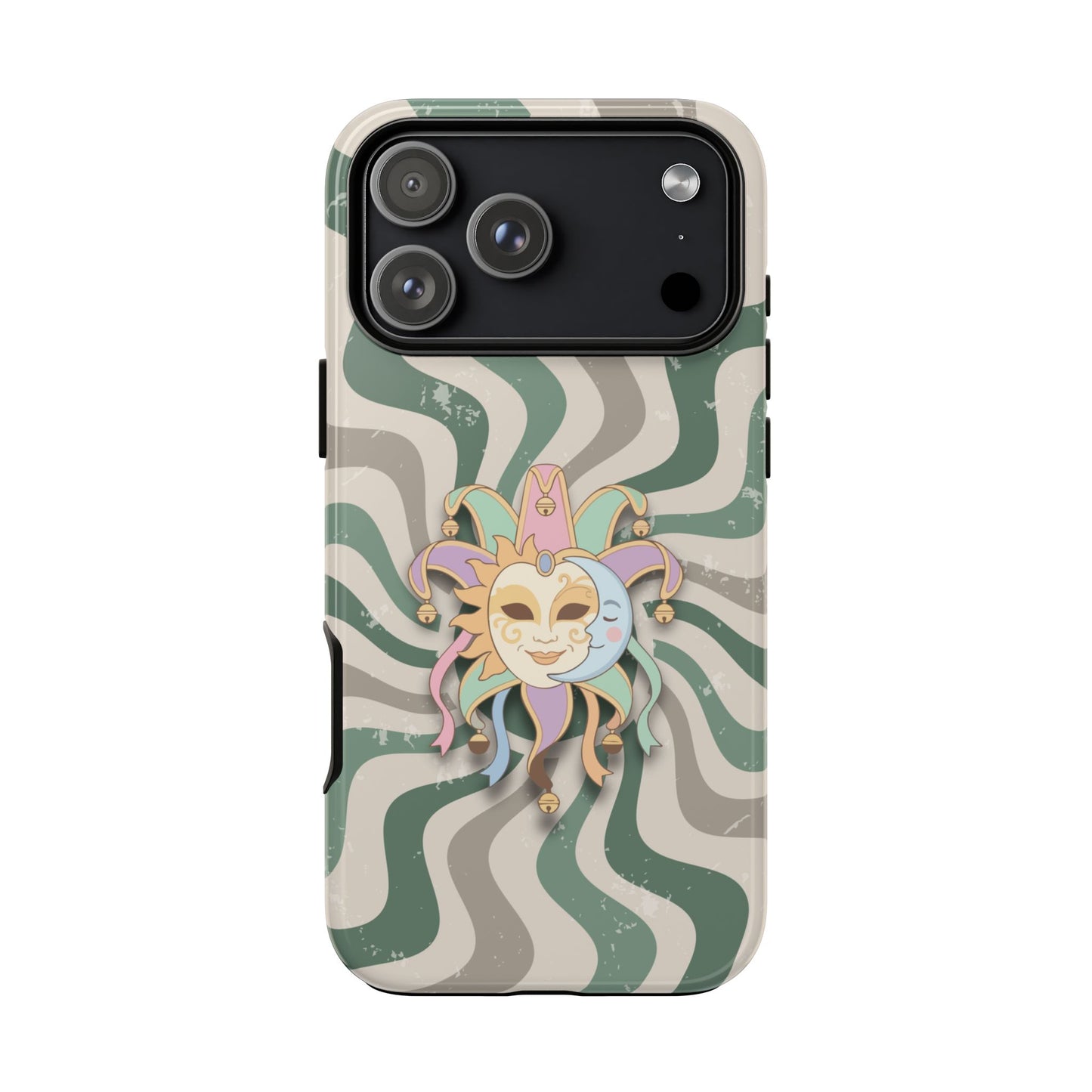 iPhone 17 Pro Max / Glossy Phone Case - Sun & Moon Jester Mask – Green Retro Wave Phone Case