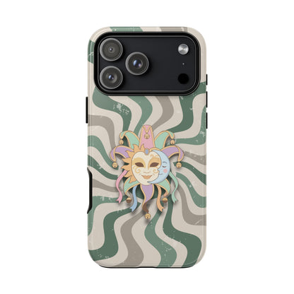 iPhone 17 Pro Max / Glossy Phone Case - Sun & Moon Jester Mask – Green Retro Wave Phone Case
