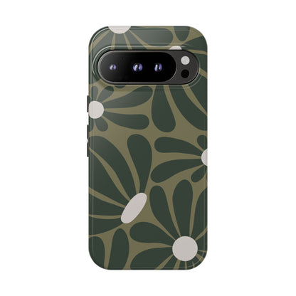 Google Pixel 9 Pro / Glossy Phone Case - ’Retro Olive Green Daisy Pattern’ Phone Case