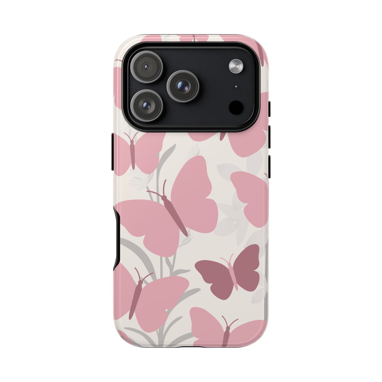 iPhone 17 Pro / Glossy Phone Case - Minimalist Cream & Pink Butterfly Pattern Phone Case