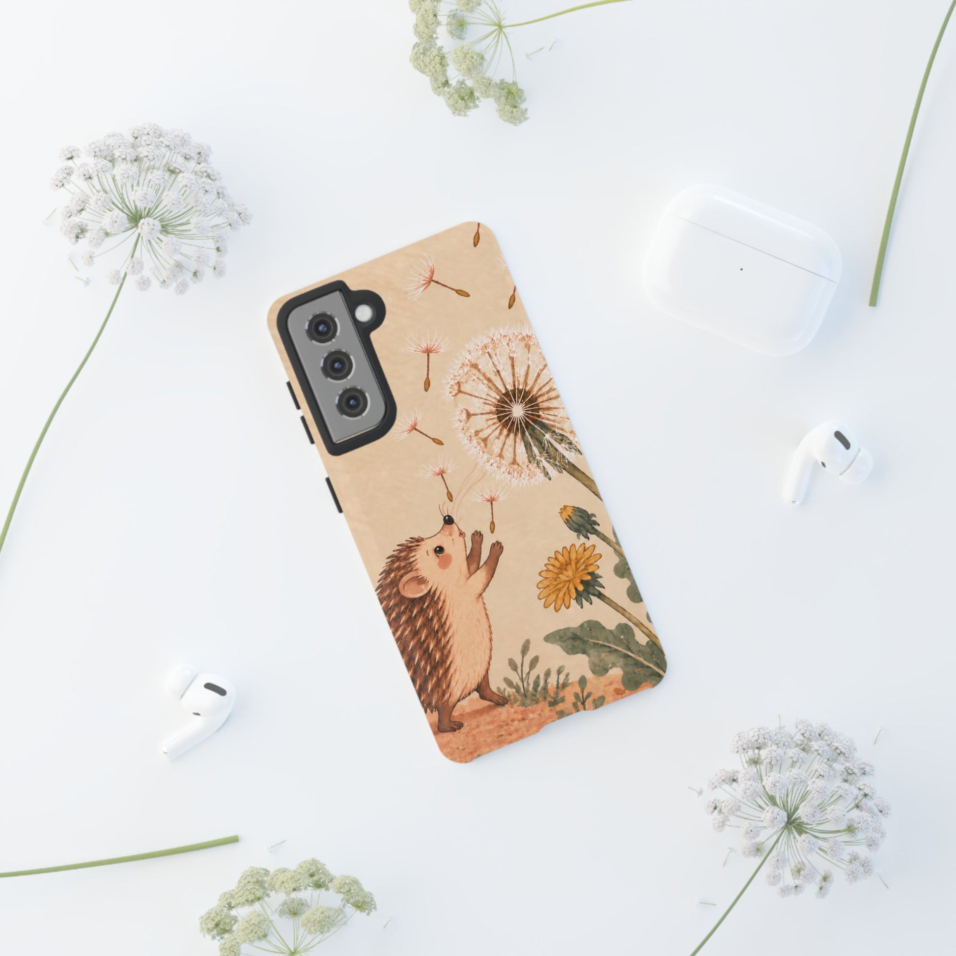 Whimsical Cream Hedgehog and Dandelion Phone Case - White Phone Case