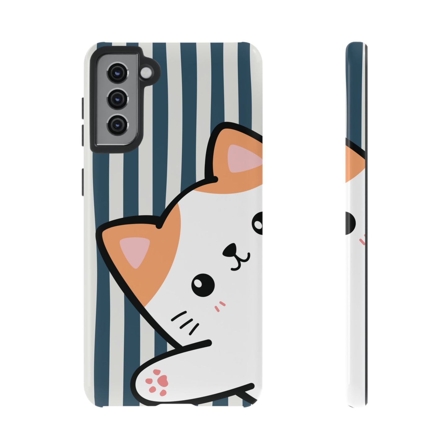 Playful Peakaboo Cat with Blue Stripe Pattern Phone Case - Blue Phone Case - Samsung Galaxy S21 Plus / Glossy