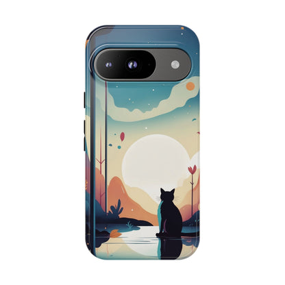 Google Pixel 9 / Glossy Phone Case - Stylised Cat & Moon Design Phone Case