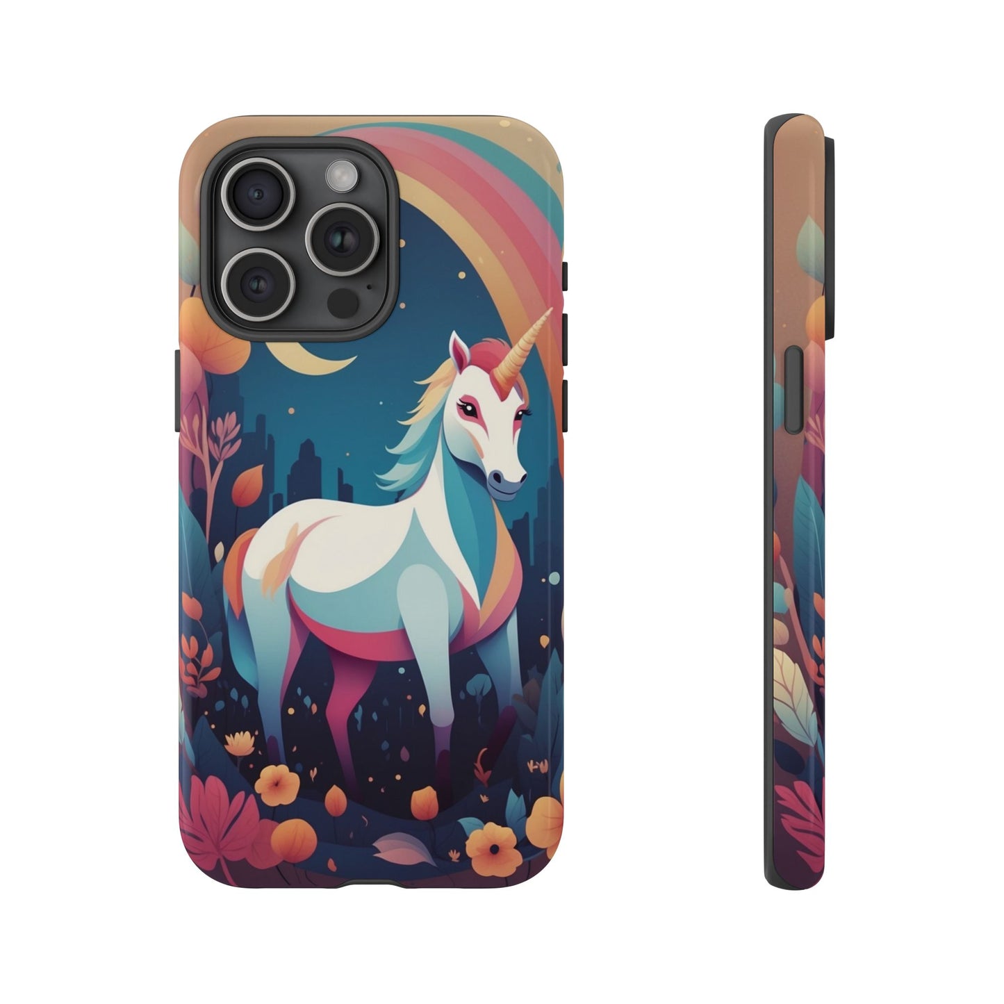 iPhone 15 Pro Max / Glossy Phone Case - Stylised Unicorn & Rainbow Design Phone Case