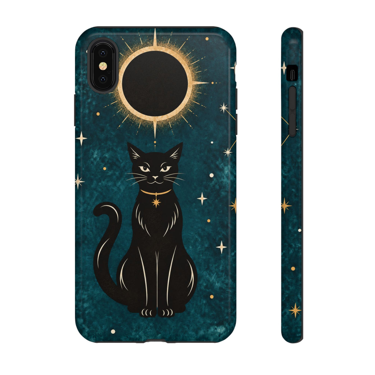 Whimsical Teal Celestial Black Cat Phone Case
