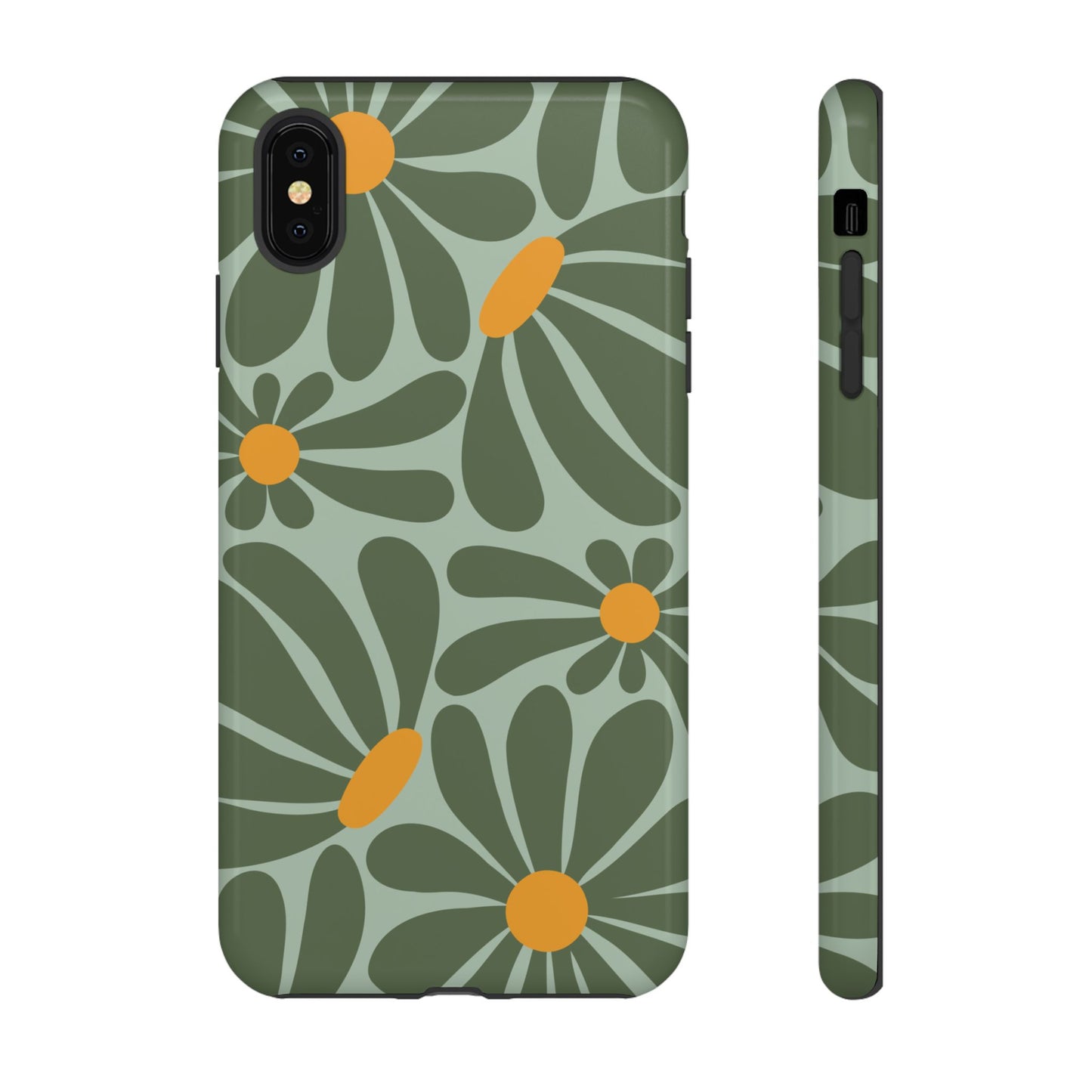 iPhone XS MAX / Glossy Phone Case - Retro Green Daisy Pattern Phone Case