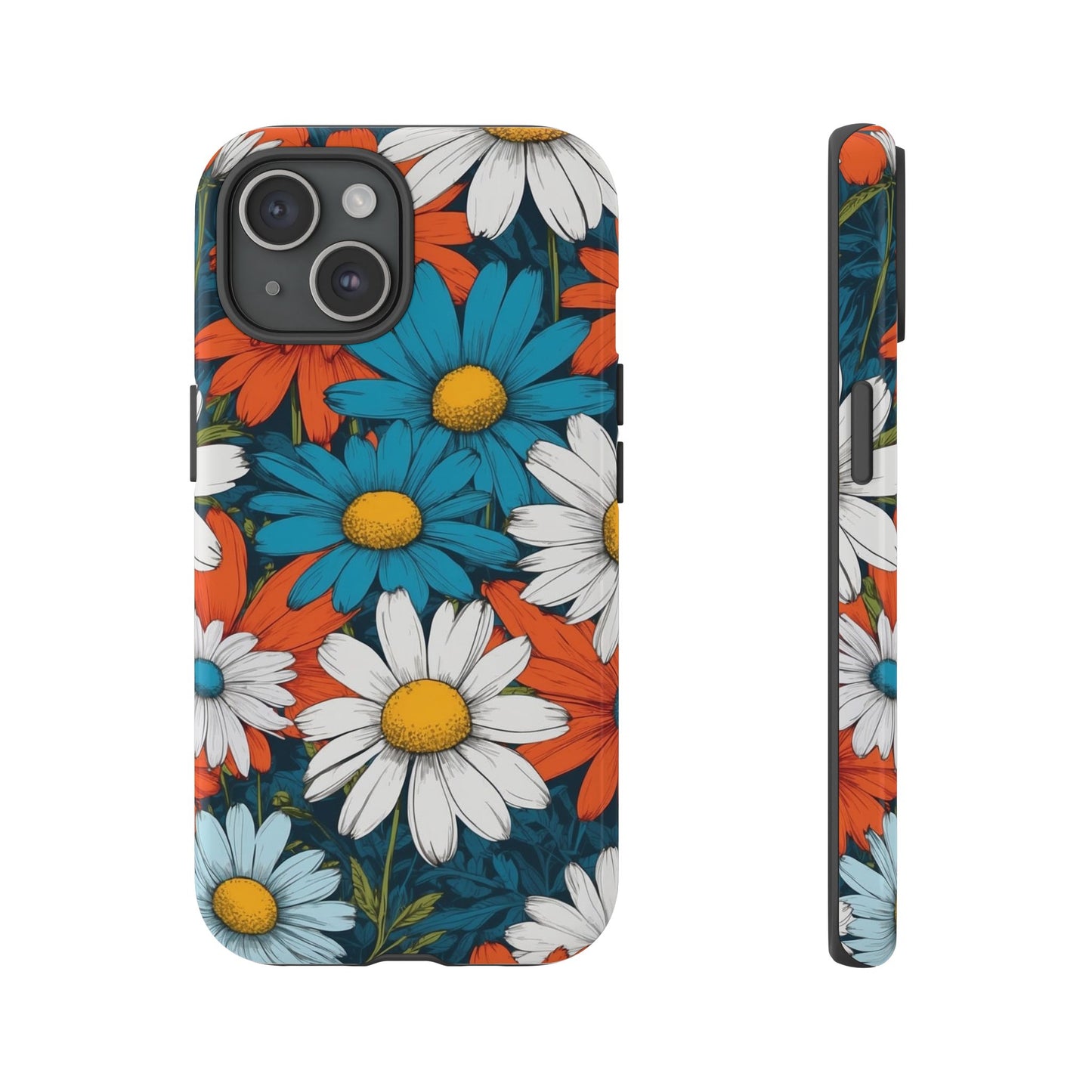 iPhone 15 / Glossy Phone Case - Pop Art Daisies Illustration ’Red & Blue’ Phone Case