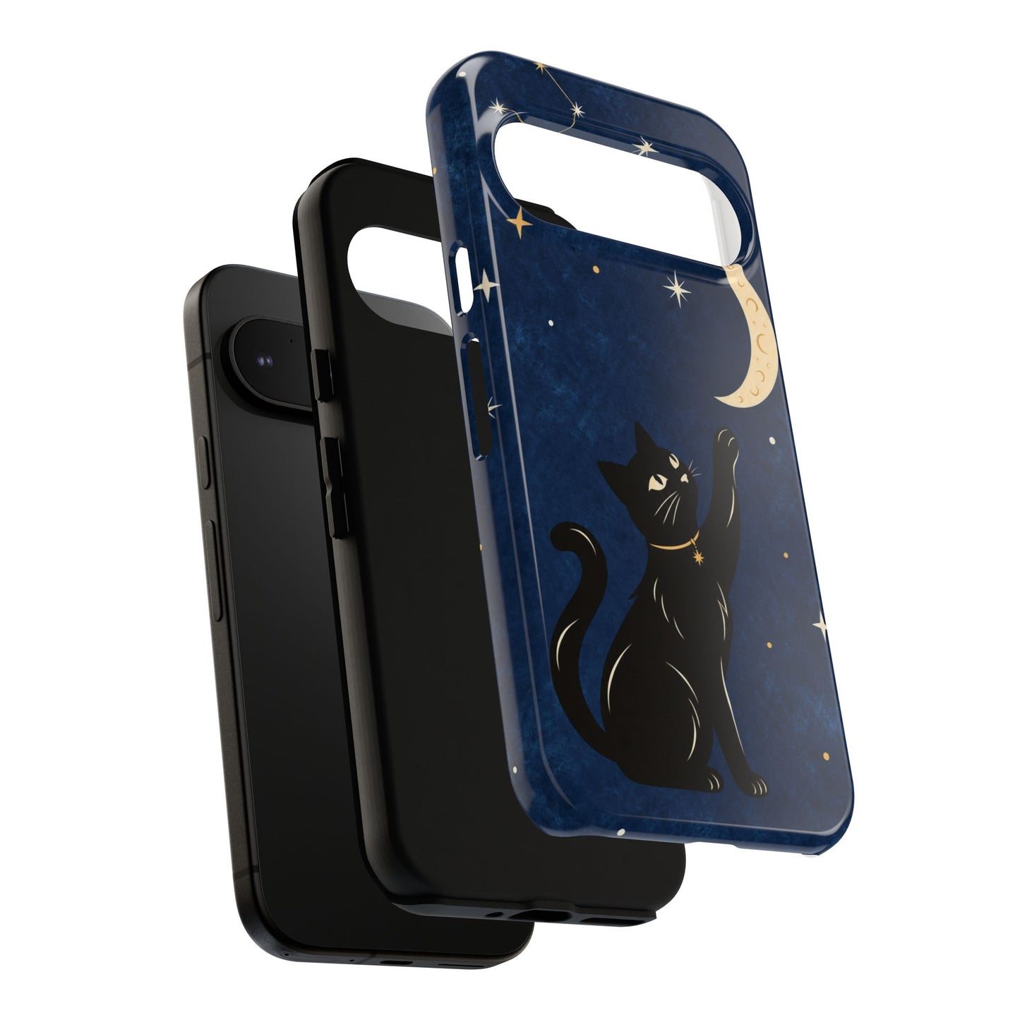 Whimsical Navy Blue Celestial Black Cat Phone Case