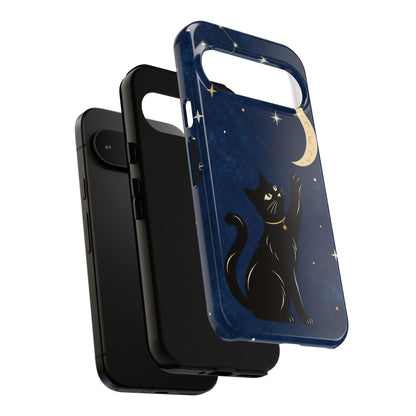 Whimsical Navy Blue Celestial Black Cat Phone Case
