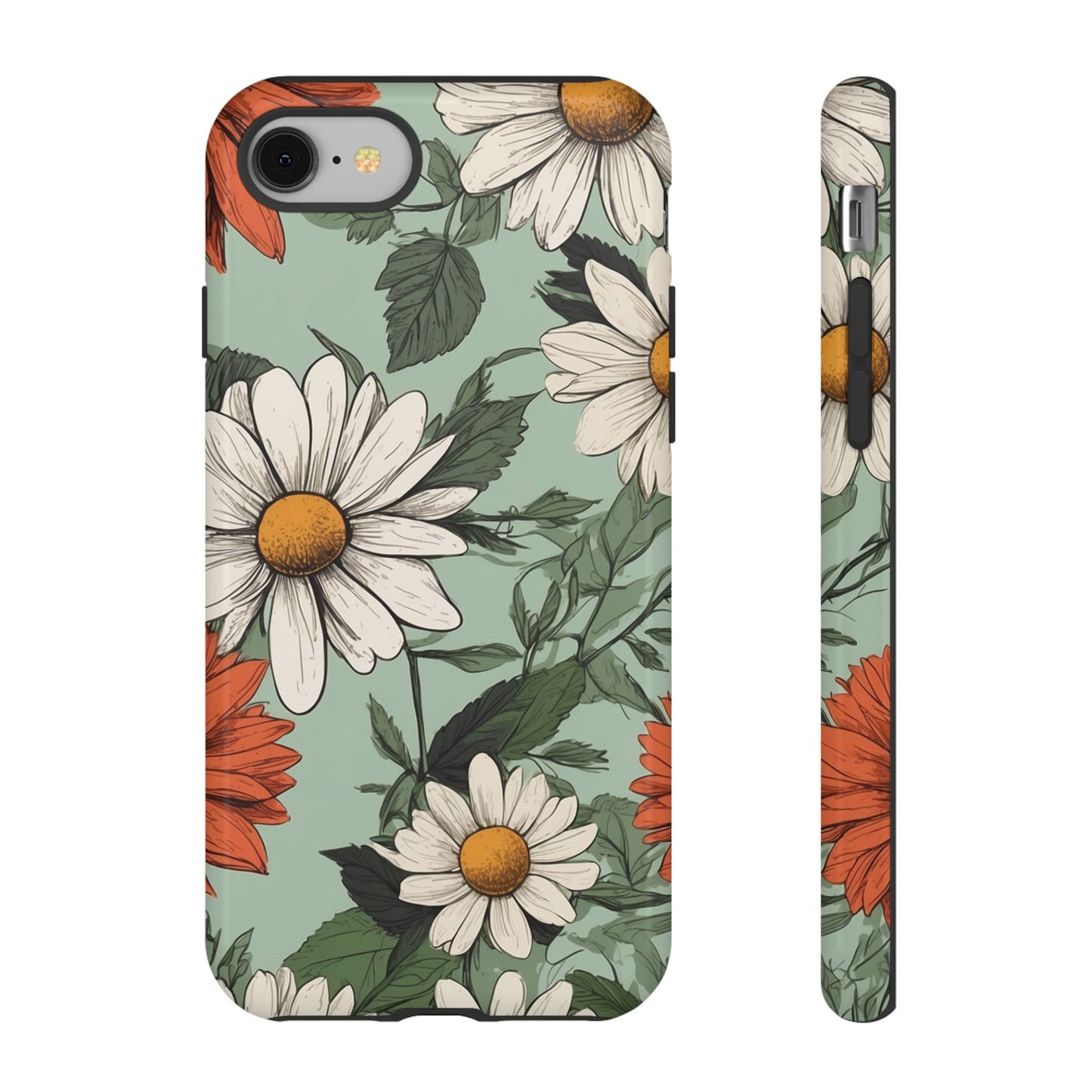 iPhone 8 / Glossy Phone Case - Boho Chic Daisies Floral Pattern ’White & Orange’ Phone Case