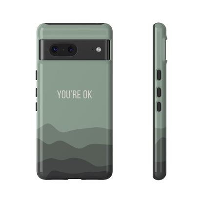 Google Pixel 7 / Glossy Phone Case - Minimalist Green Waves ’You’re OK’ Statement Phone Case