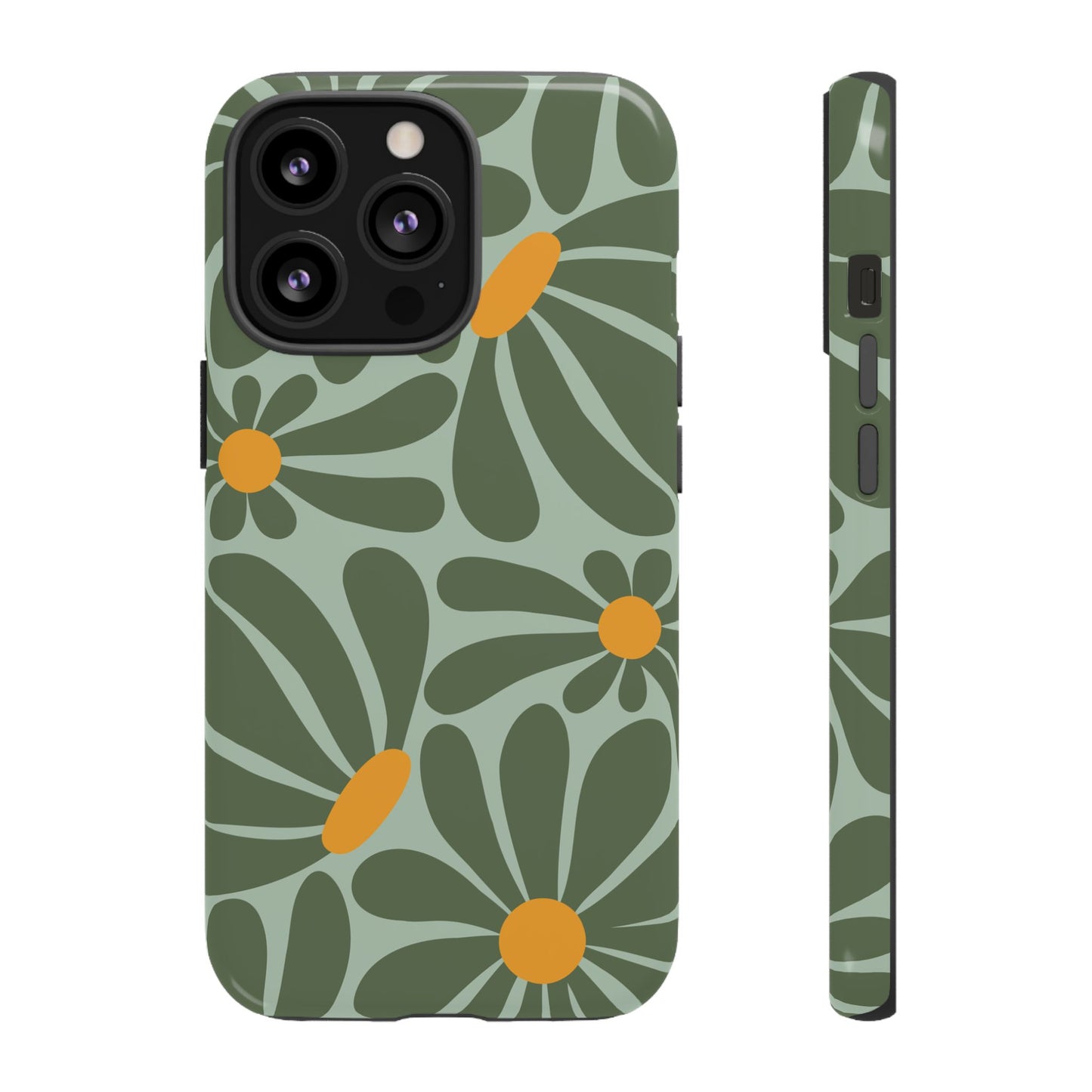 iPhone 13 Pro / Glossy Phone Case - Retro Green Daisy Pattern Phone Case