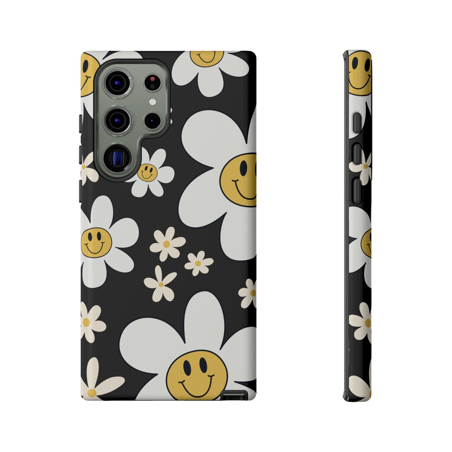 Samsung Galaxy S23 Ultra / Glossy Phone Case - Fun Retro Daisy Pattern with Dark Grey Background Phone Case