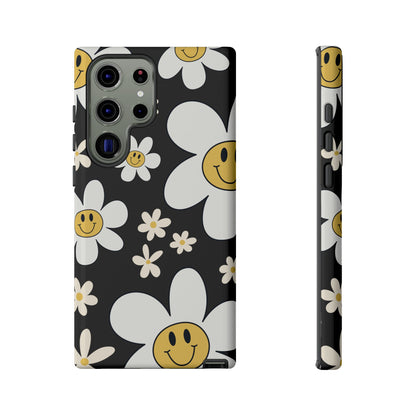 Samsung Galaxy S23 Ultra / Glossy Phone Case - Fun Retro Daisy Pattern with Dark Grey Background Phone Case